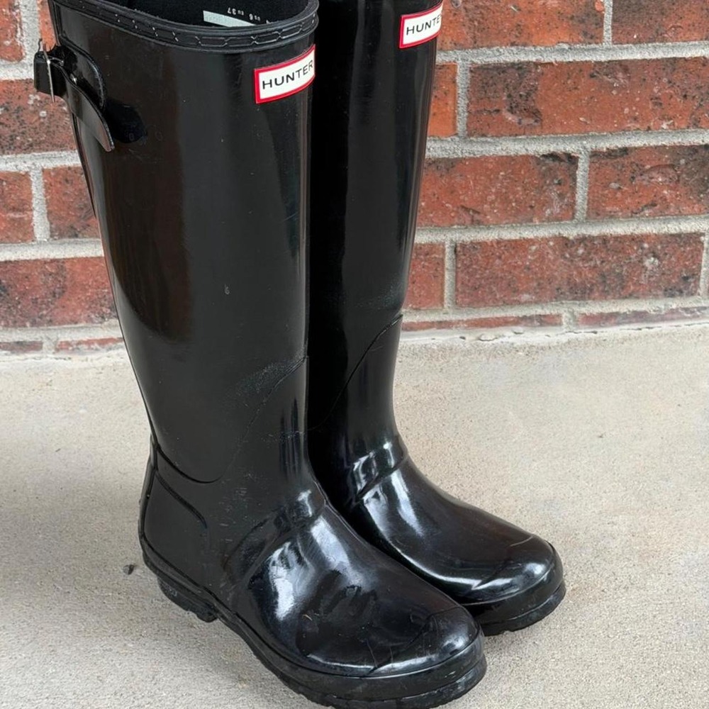 Hunter Original Back Adjustable Gloss Tall Rain Boots Black Women 6 NYC Fall